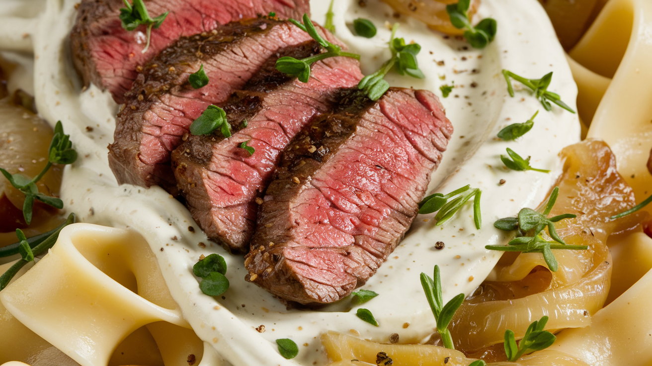 Steak Gorgonzola Alfredo mit karamellisierten Zwiebeln